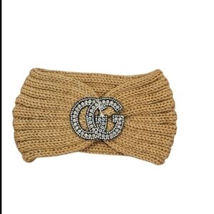 Elegant Gold Knit Headband with Crystal Accent Upcycled Gucci